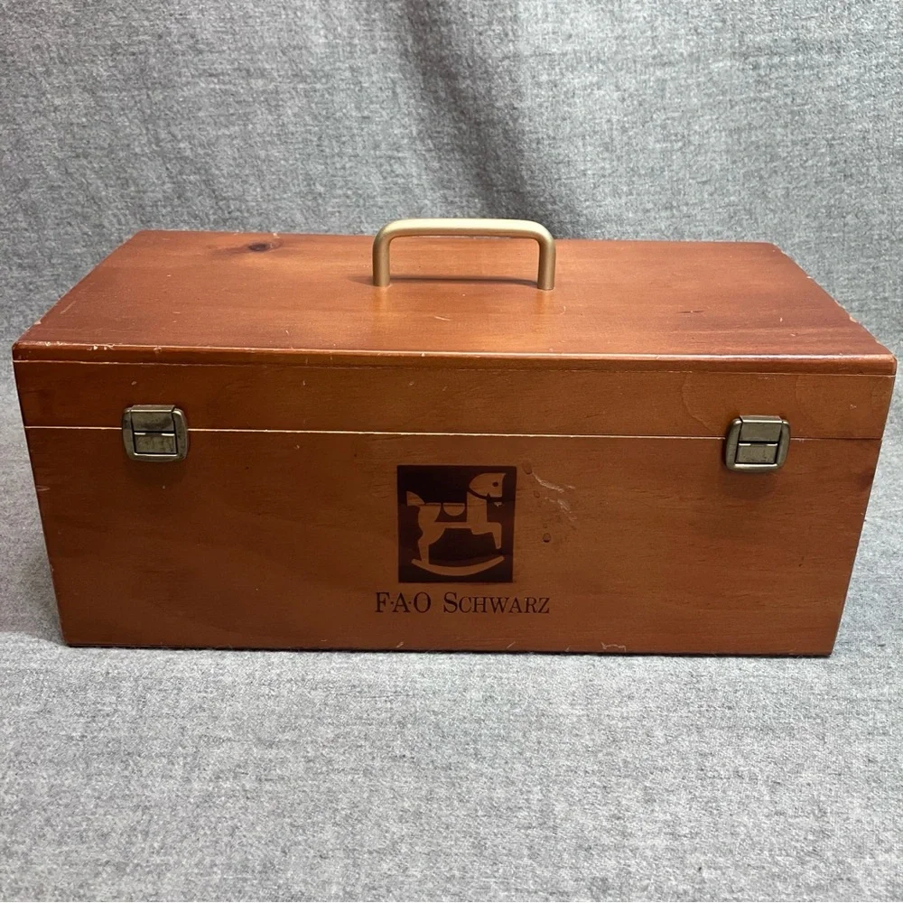 FAO Schwartz Vintage Wooden Box 13” Latch Brown Brass Rocking Horse Logo EUC